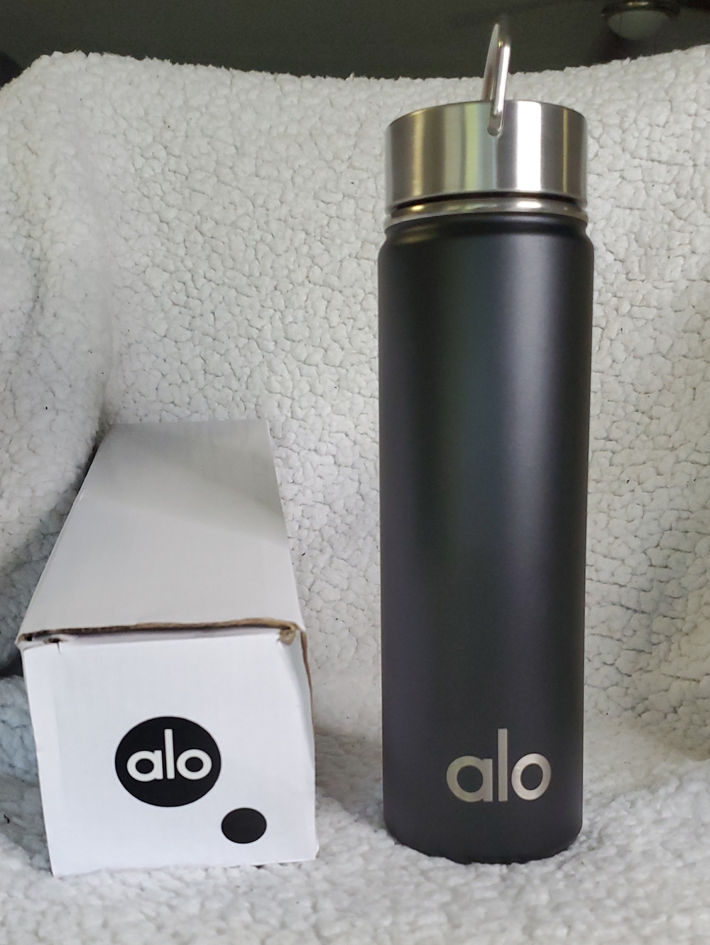 ALO Yoga Matte Black Stainless Steel Water Bottle with Silver Lid